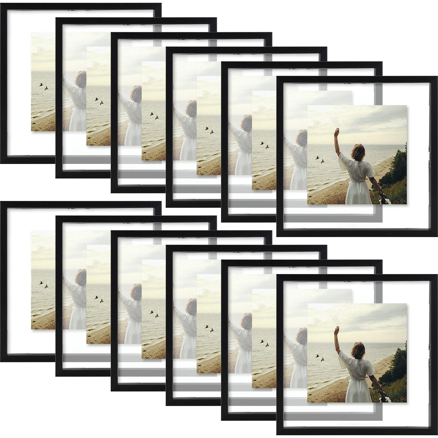 Frametory, Floating Picture Frame 8x8 -Metal Photo Frame - Real Glass - for Wall Mount or Tabletop Displays (12 Pack)
