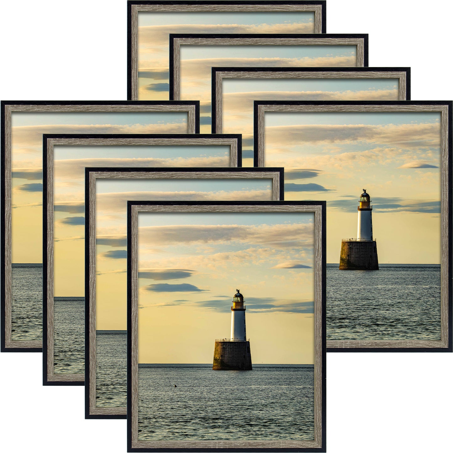 Frametory, 11x14 Black/Grey Picture Frame Deep Split Color Molding - Sawtooth Hanger for Wall Display - Vertical or Horizontal Display - Layered Look Design - Artwork, Prints (8 Pack)