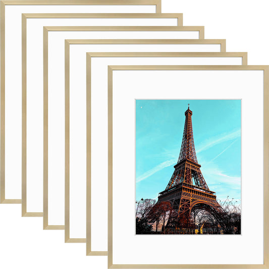 Frametory, 11x14 Gold Aluminum Frame with White Mat for 8x10 Pictures/Photos - Wall Mounting, Real Glass, Swivel Back Tabs, Sawtooth Hanger, Portrait/Landscape Display Metal Collection (6 Pack)