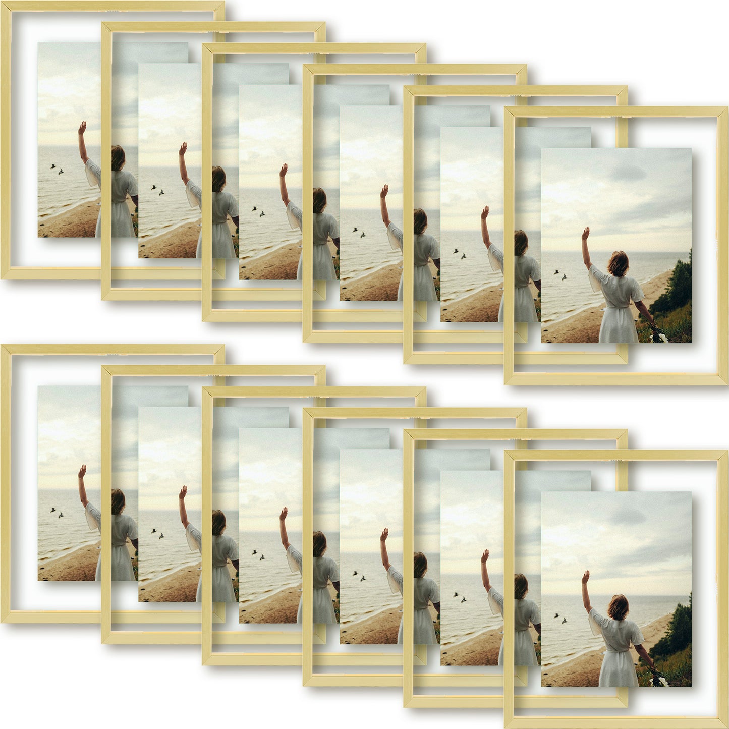 Frametory, Floating Picture Frame 8x10 -Metal Photo Frame - Real Glass - for Wall Mount or Tabletop Displays (12 Pack)