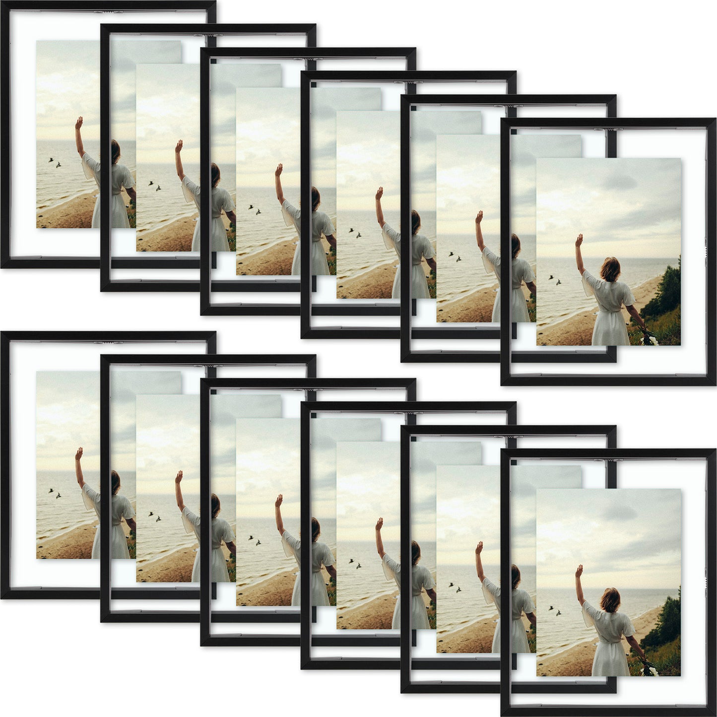 Frametory, Floating Picture Frame 8x10 -Metal Photo Frame - Real Glass - for Wall Mount or Tabletop Displays (12 Pack)