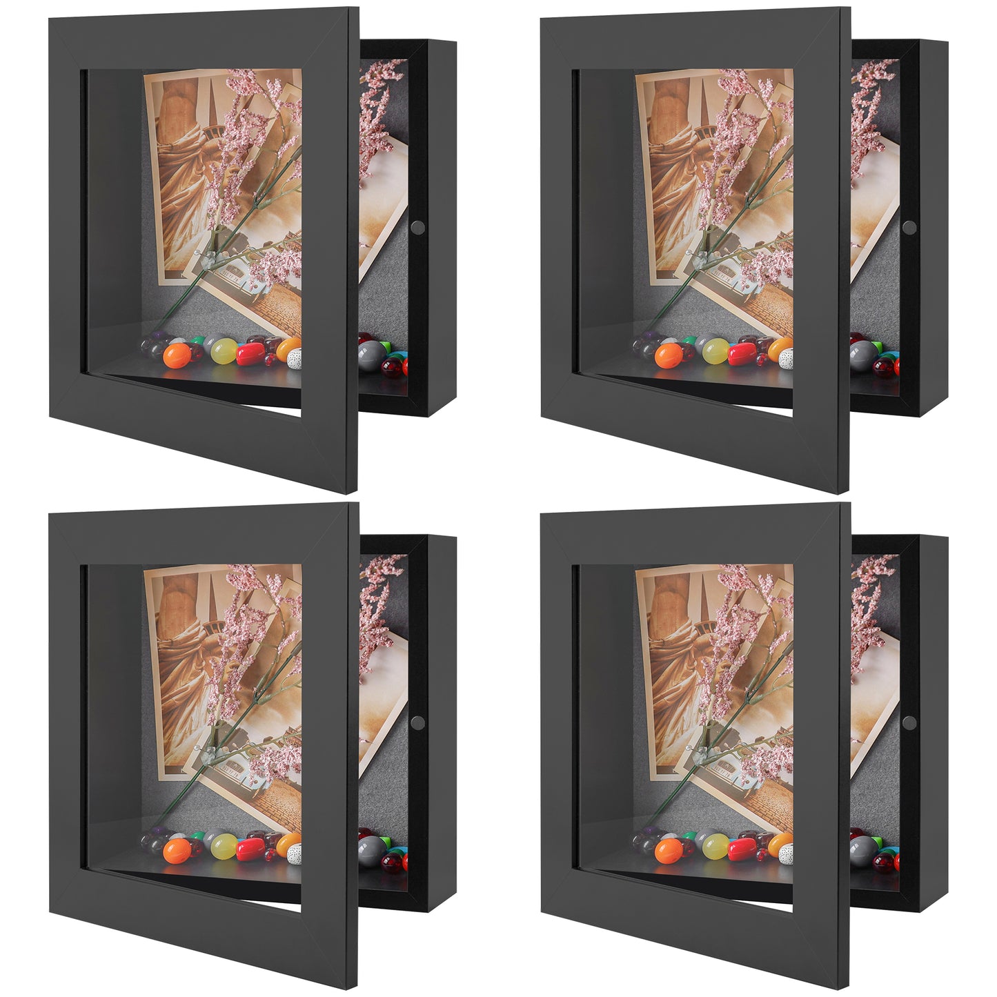 Frametory, 8x8 Shadow Box Frame - Front Opening - 2 inch Depth Display Box for Wall and Tabletop Display- Memory Box, 6 Pins Included (4 Pack)