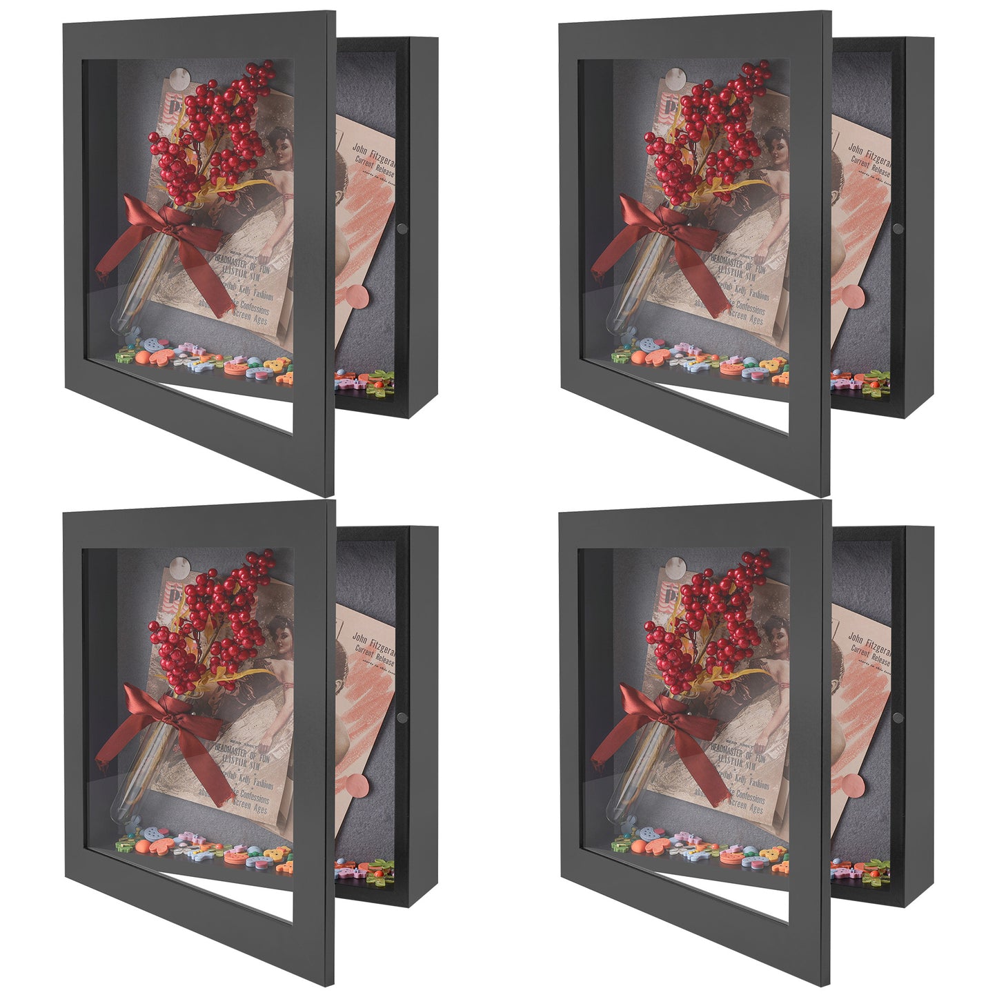 Frametory, 11x11 Shadow Box Frame - Front Opening - 2 inch Depth Display Box for Wall and Tabletop Display- Memory Box, 6 Pins Included (4 Pack)