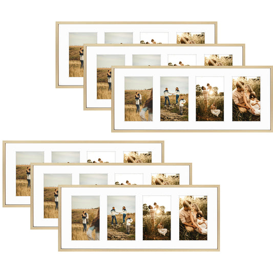 Frametory, 8x20 Collage Picture Frame with White Mat for Four 4x6 Pictures Gold (6 Pack)