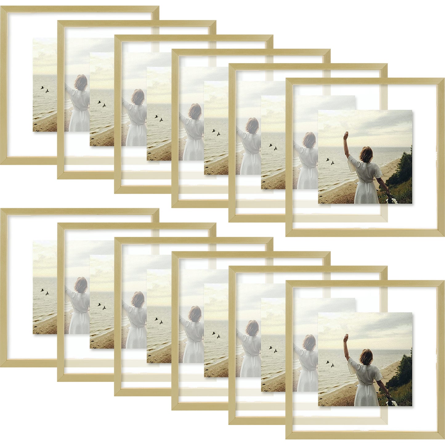 Frametory, Floating Picture Frame 8x8 -Metal Photo Frame - Real Glass - for Wall Mount or Tabletop Displays (12 Pack)