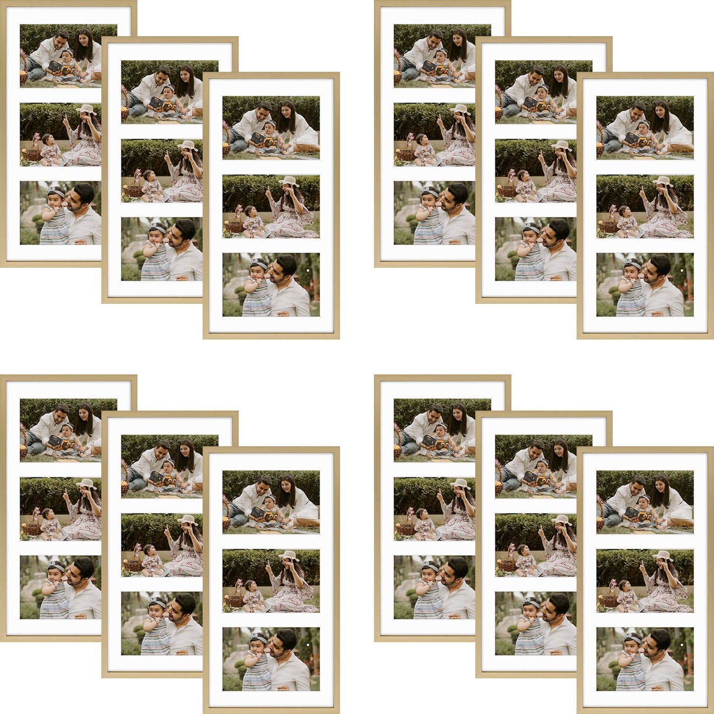 7x14 Gold Metal Picture Frame for Three 4x6 Photos with White Mat (12 Pack)