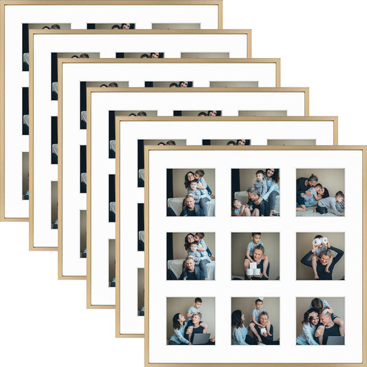 Frametory, 16x16 Gold Aluminum Picture Frame - Nine Openings Picture Frame - Matted for 4x4 Instagram Photos - Square Collage Photograph Frame - Wall Display (6 Pack)