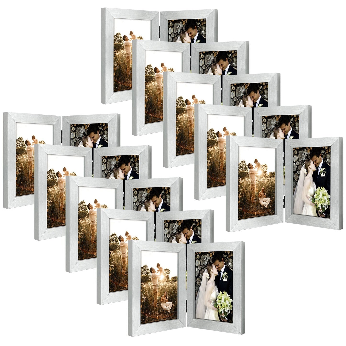 Frametory 5x7 Hinged Picture Frame Displays 2 Photos, Double Frame with Glass, Side by Side Stands Vertically on Tabletop (10 Pack)
