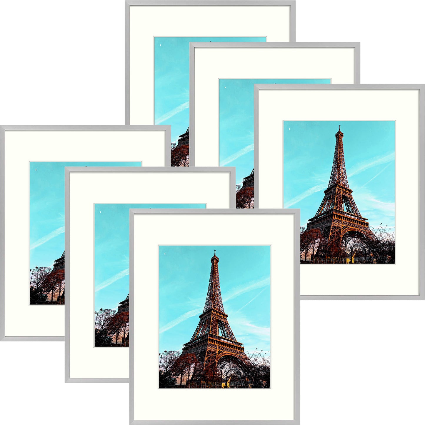 Frametory, 11x14 Silver Aluminum Frame with Ivory Mat for 8x10 Pictures/Photos - Wall Mounting, Real Glass, Swivel Back Tabs, Sawtooth Hanger, Portrait/Landscape Display Metal Collection (6 Pack)
