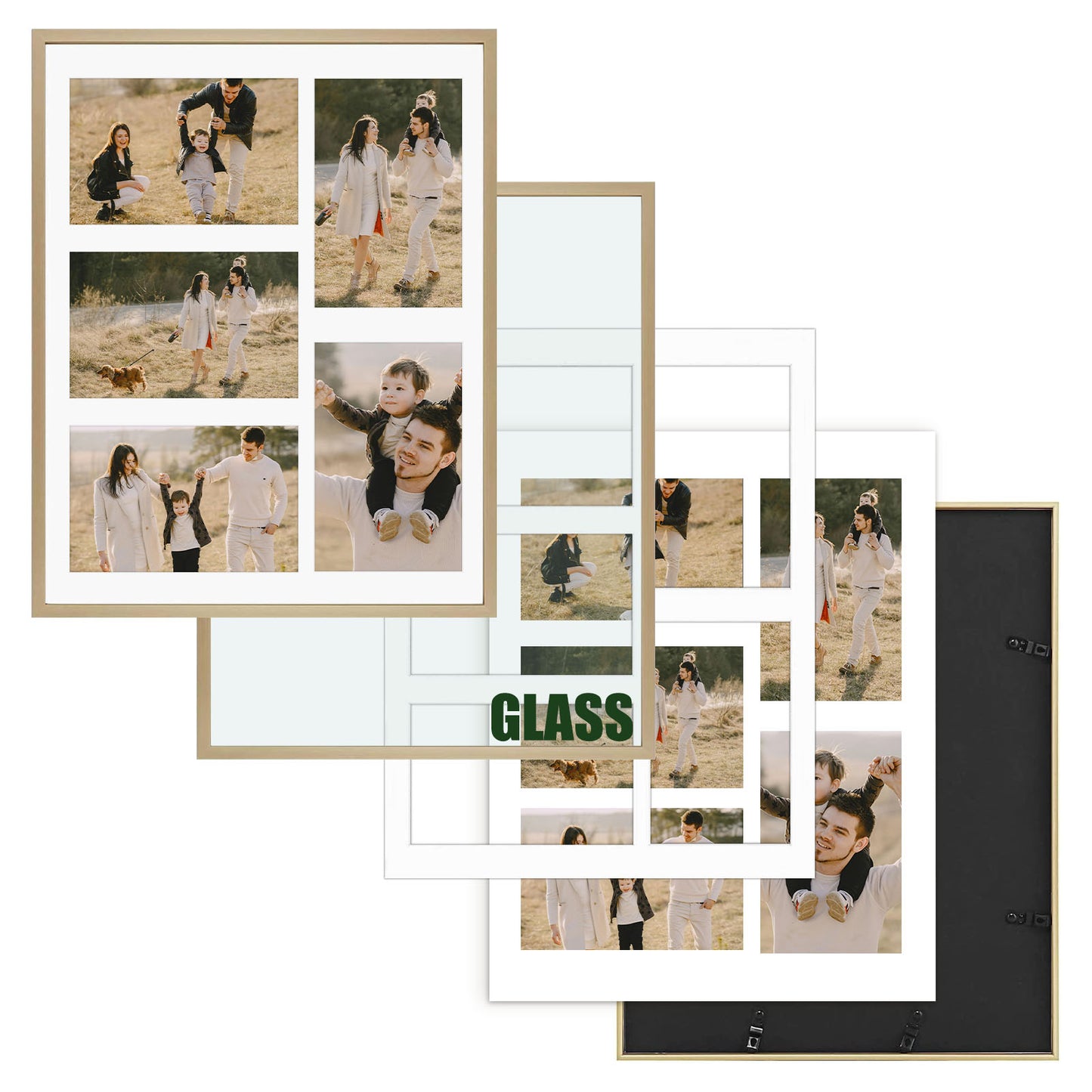 Frametory, 11x14 Gold Aluminum Frame - White Mat for Five 4x6 Pictures - Wall Display - Sawtooth Hangers, Swivel Tabs - Portrait/Landscape Display - Great for Collages, Trips, People (6 Pack)