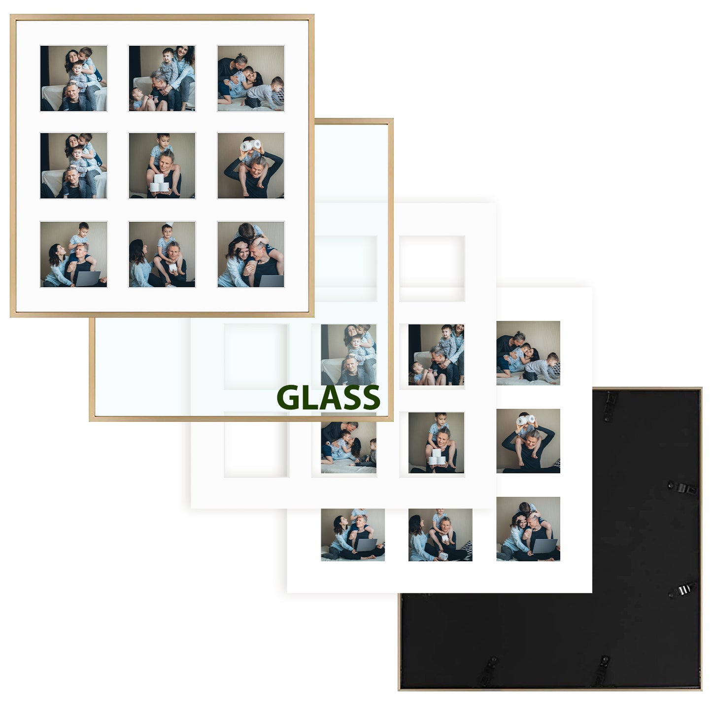Frametory, 16x16 Gold Aluminum Picture Frame - Nine Openings Picture Frame - Matted for 4x4 Instagram Photos - Square Collage Photograph Frame - Wall Display (6 Pack)