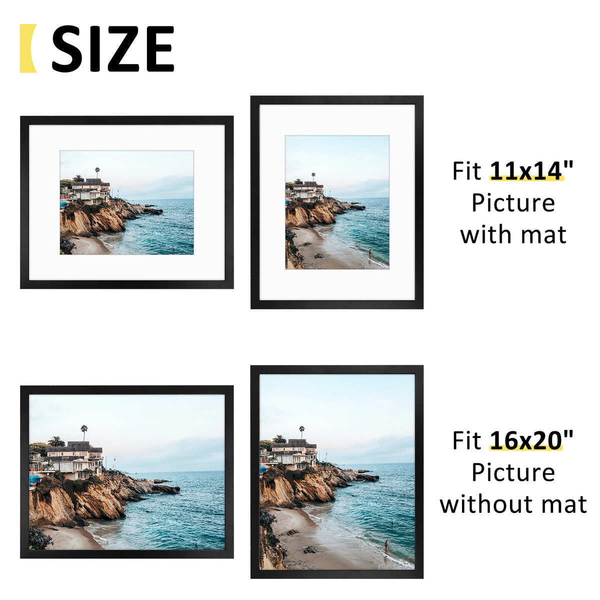 16x20 Black MDF Picture Frame for 11x14 Photo with White Mat