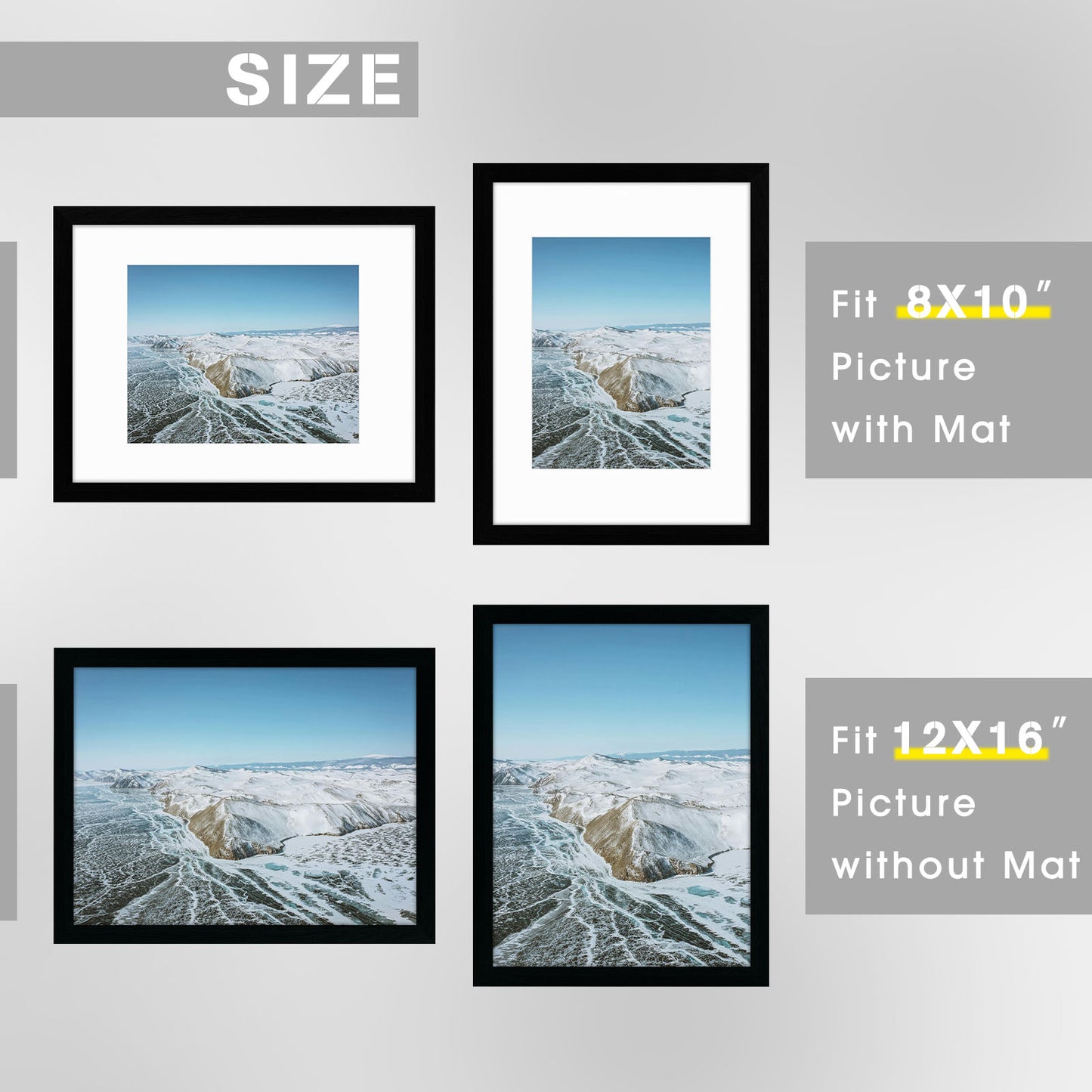 12x16 Black Picture Frame for 8.5x11 Photo with White Mat (8 Pack)