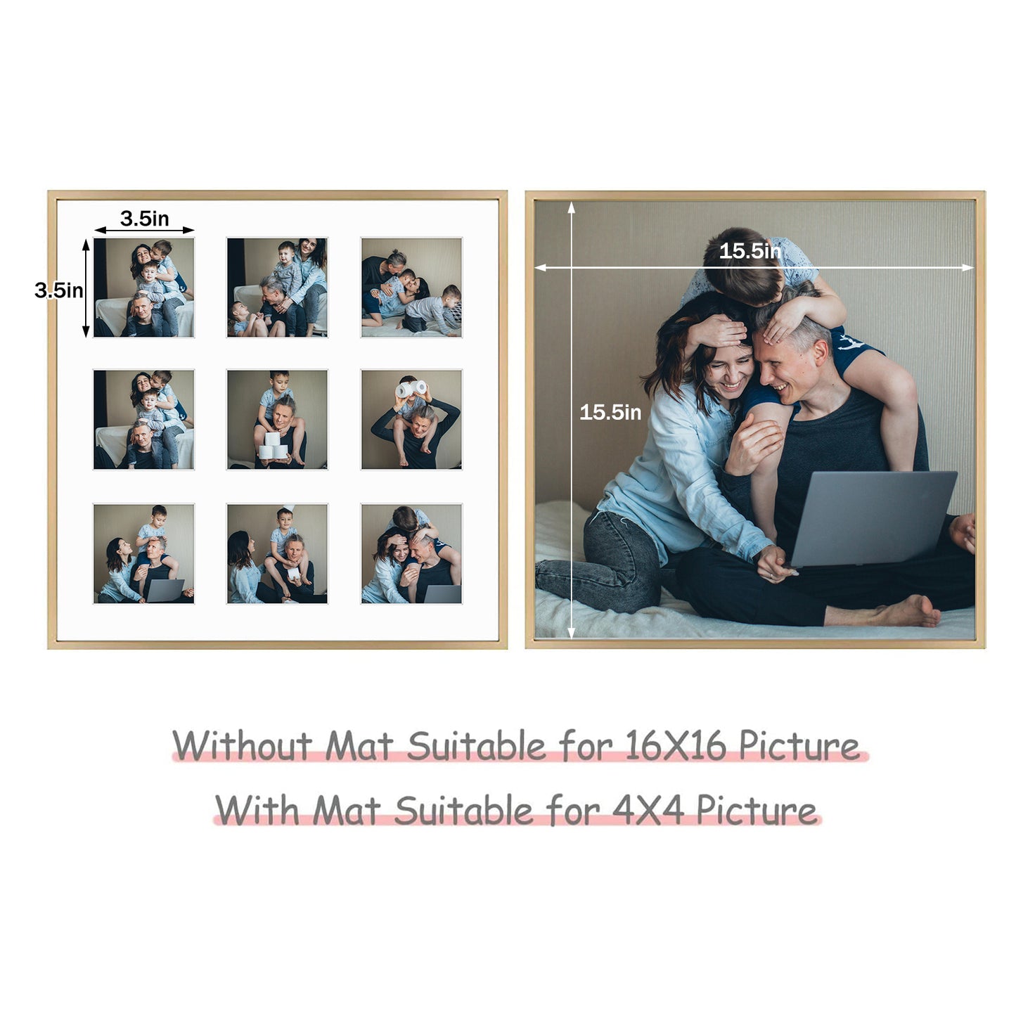 Frametory, 16x16 Gold Aluminum Picture Frame - Nine Openings Picture Frame - Matted for 4x4 Instagram Photos - Square Collage Photograph Frame - Wall Display (6 Pack)