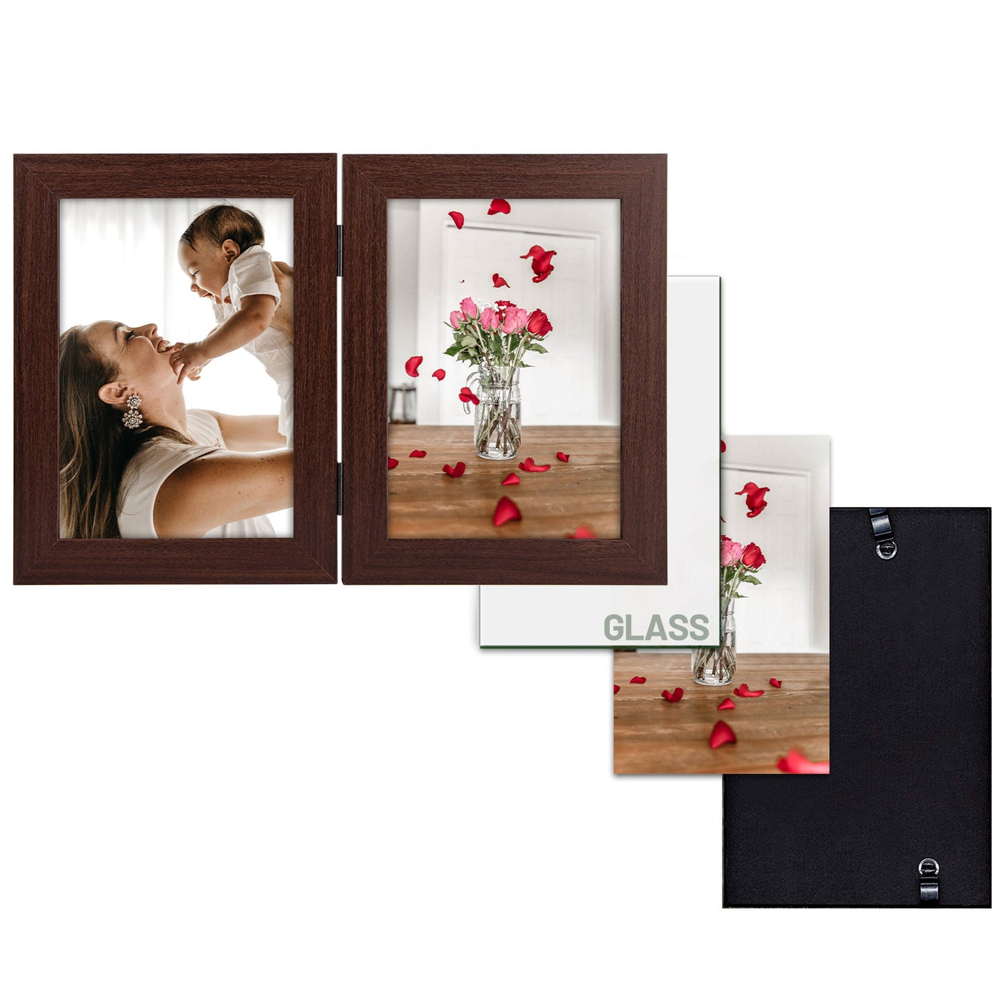 Frametory 5x7 Hinged Picture Frame Displays 2 Photos, Double Frame with Glass, Side by Side Stands Vertically on Tabletop (10 Pack)