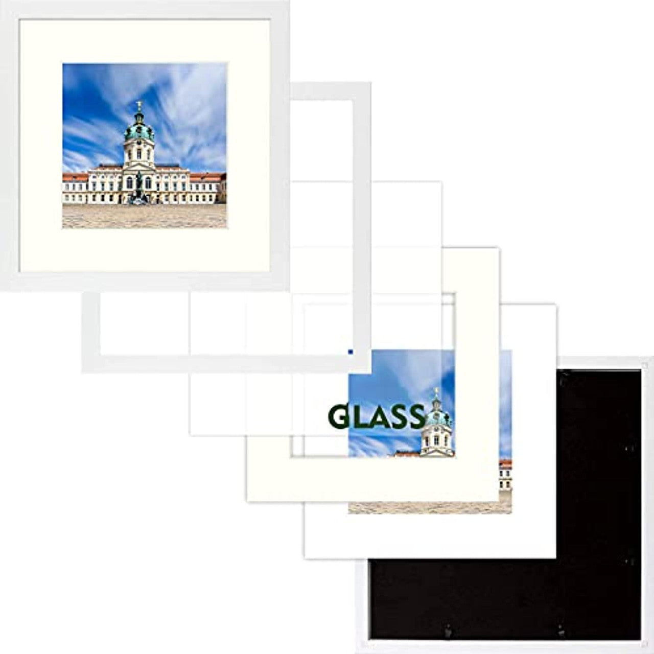 Frametory, Clearance 12x12 White Picture Frame with 8x8 Mat, Gallery Photo Frame Real Glass Square Frame for Wall Decor - Horizontal/Vertical (9 Pack)