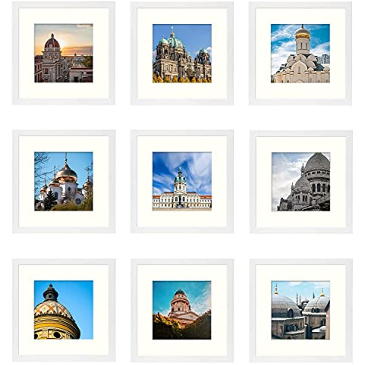 Frametory, Clearance 12x12 White Picture Frame with 8x8 Mat, Gallery Photo Frame Real Glass Square Frame for Wall Decor - Horizontal/Vertical (9 Pack)