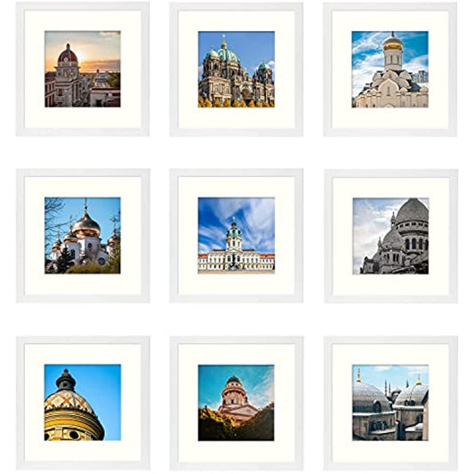 Frametory, Clearance 12x12 White Picture Frame with 8x8 Mat, Gallery Photo Frame Real Glass Square Frame for Wall Decor - Horizontal/Vertical (9 Pack)