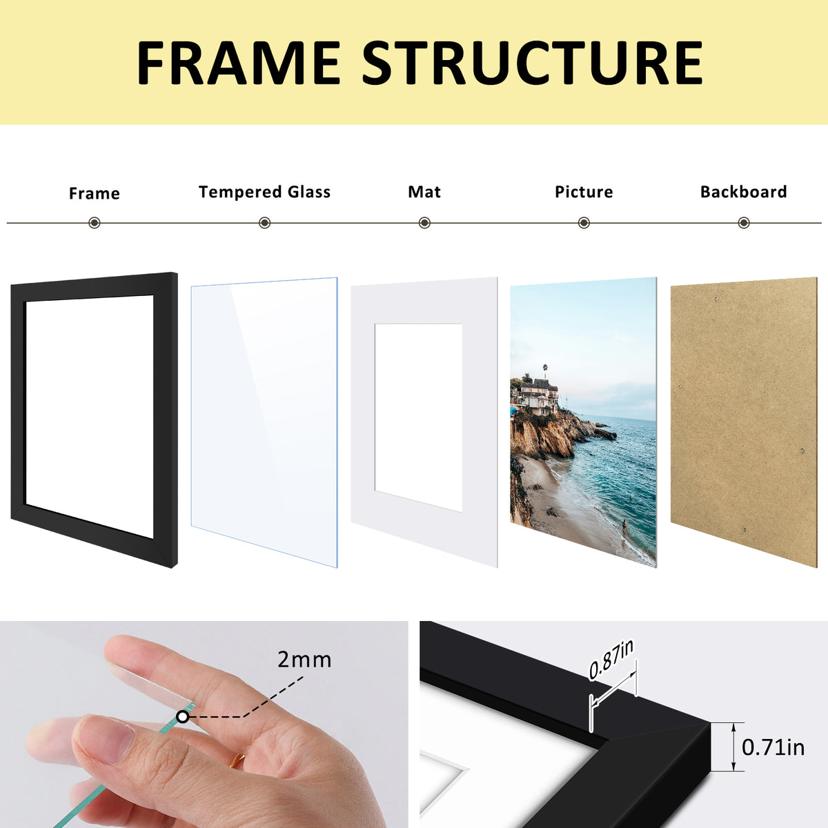 16x20 Black MDF Picture Frame for 11x14 Photo with White Mat