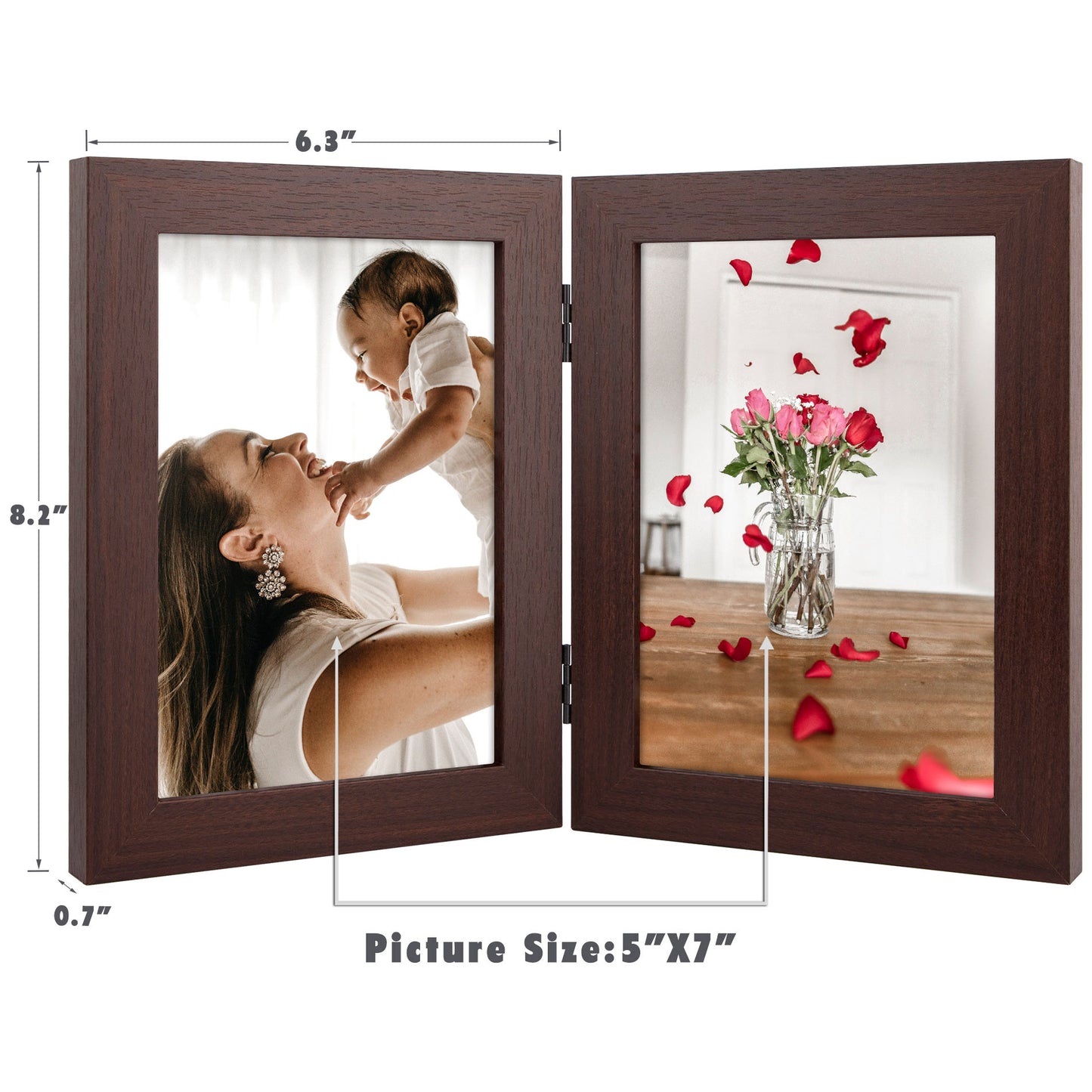 Frametory 5x7 Hinged Picture Frame Displays 2 Photos, Double Frame with Glass, Side by Side Stands Vertically on Tabletop (10 Pack)