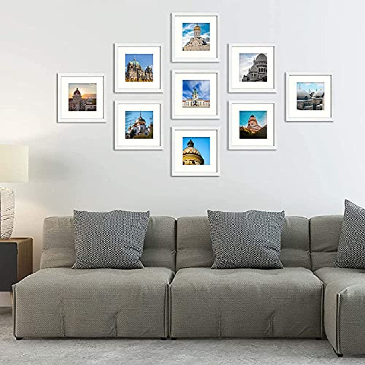 Frametory, Clearance 12x12 White Picture Frame with 8x8 Mat, Gallery Photo Frame Real Glass Square Frame for Wall Decor - Horizontal/Vertical (9 Pack)