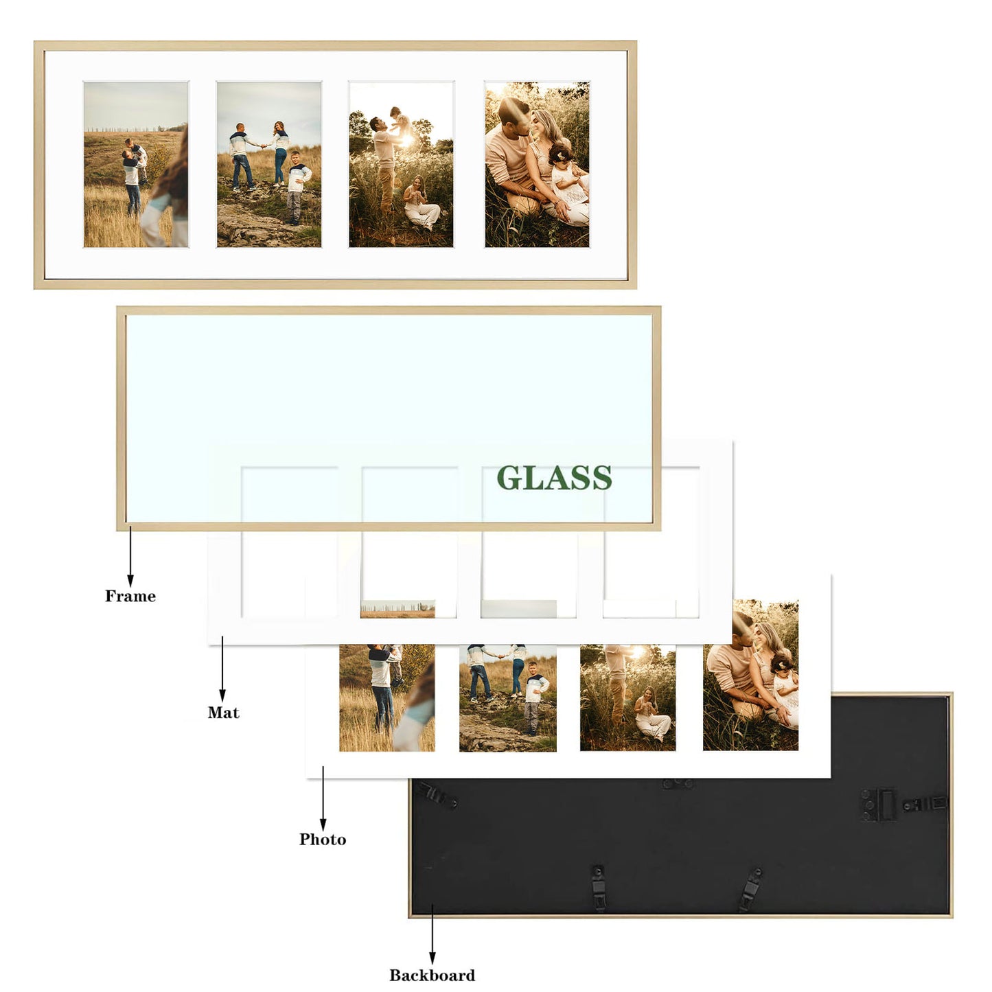 Frametory, 8x20 Collage Picture Frame with White Mat for Four 4x6 Pictures Gold (6 Pack)