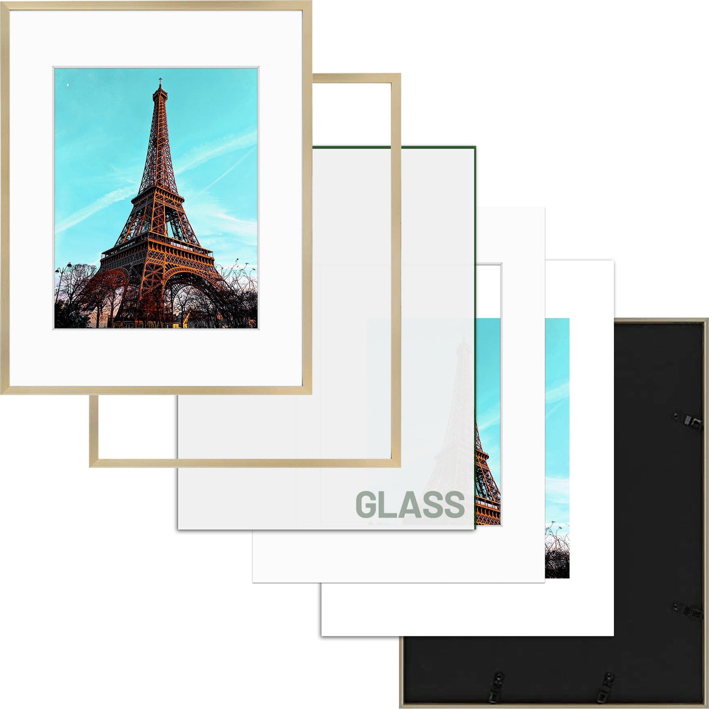Frametory, 11x14 Gold Aluminum Frame with White Mat for 8x10 Pictures/Photos - Wall Mounting, Real Glass, Swivel Back Tabs, Sawtooth Hanger, Portrait/Landscape Display Metal Collection (6 Pack)