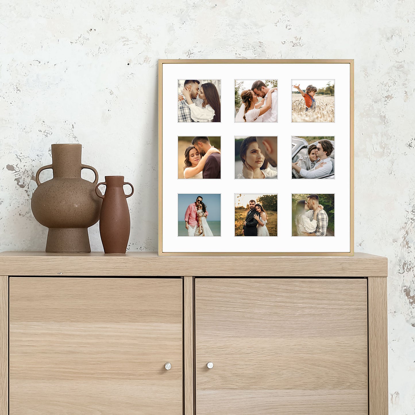 Frametory, 16x16 Gold Aluminum Picture Frame - Nine Openings Picture Frame - Matted for 4x4 Instagram Photos - Square Collage Photograph Frame - Wall Display (6 Pack)