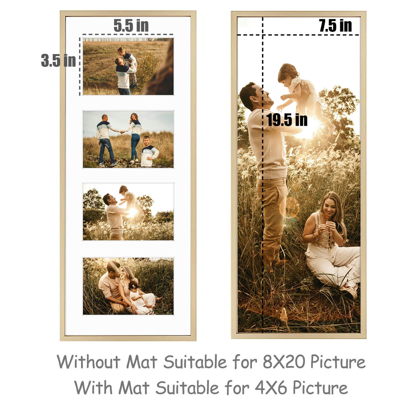 Frametory, 8x20 Collage Picture Frame with White Mat for Four 4x6 Pictures Gold (6 Pack)