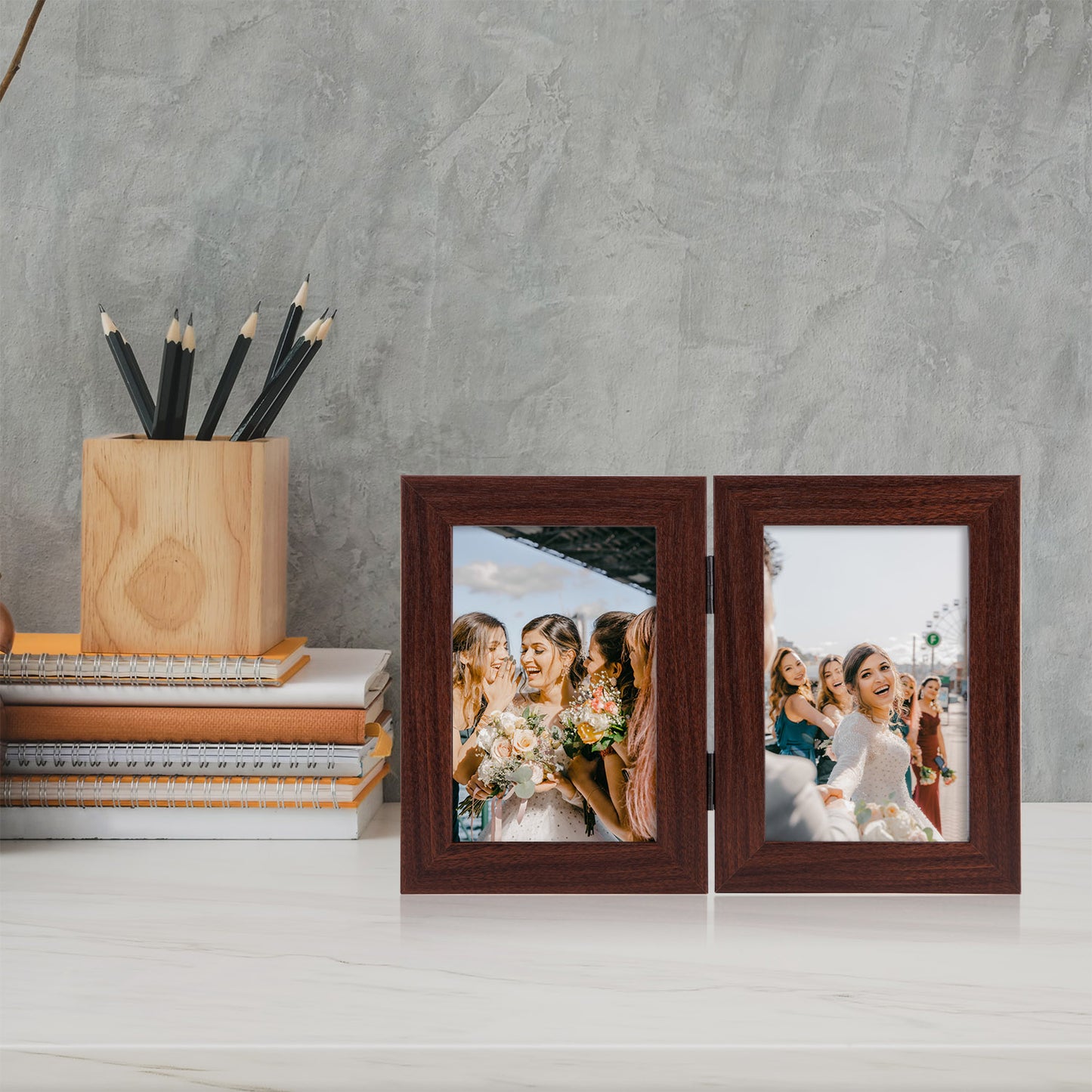 Frametory 5x7 Hinged Picture Frame Displays 2 Photos, Double Frame with Glass, Side by Side Stands Vertically on Tabletop (10 Pack)
