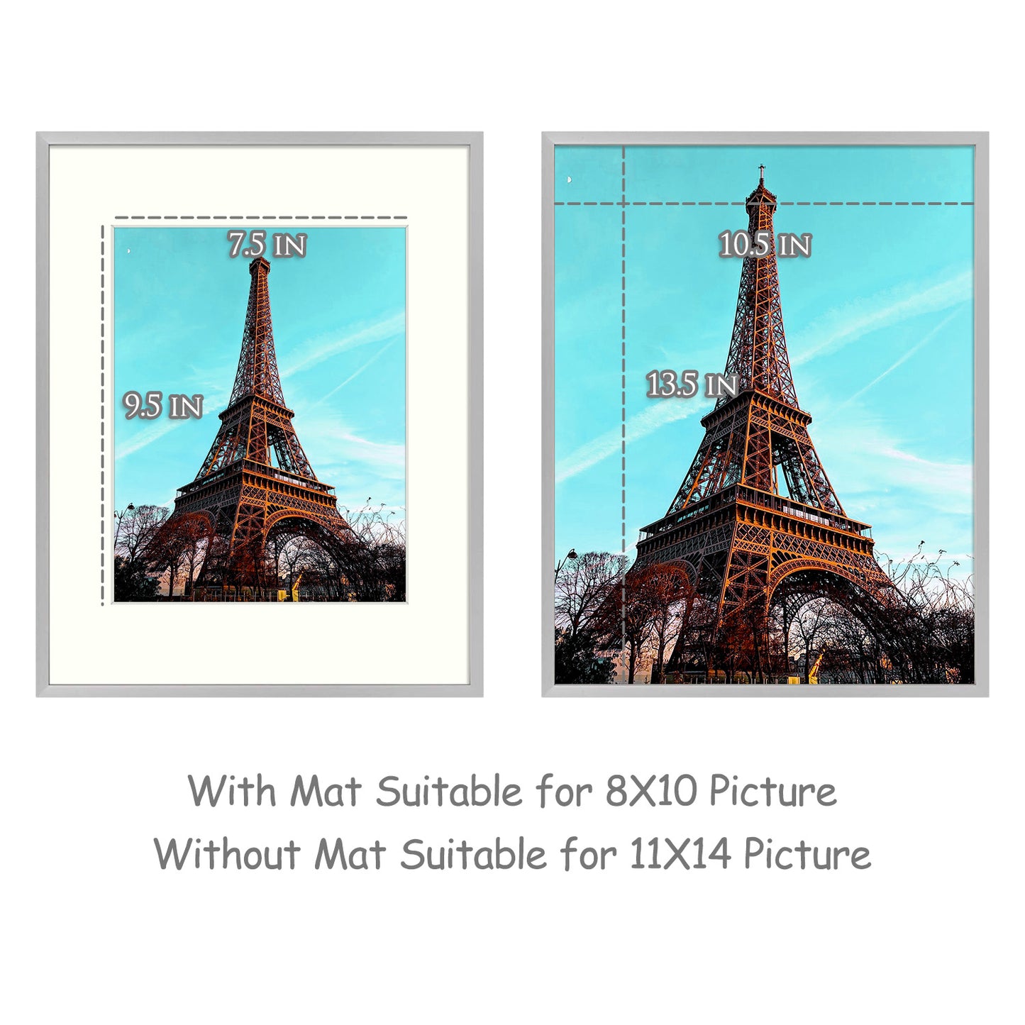 Frametory, 11x14 Silver Aluminum Frame with Ivory Mat for 8x10 Pictures/Photos - Wall Mounting, Real Glass, Swivel Back Tabs, Sawtooth Hanger, Portrait/Landscape Display Metal Collection (6 Pack)