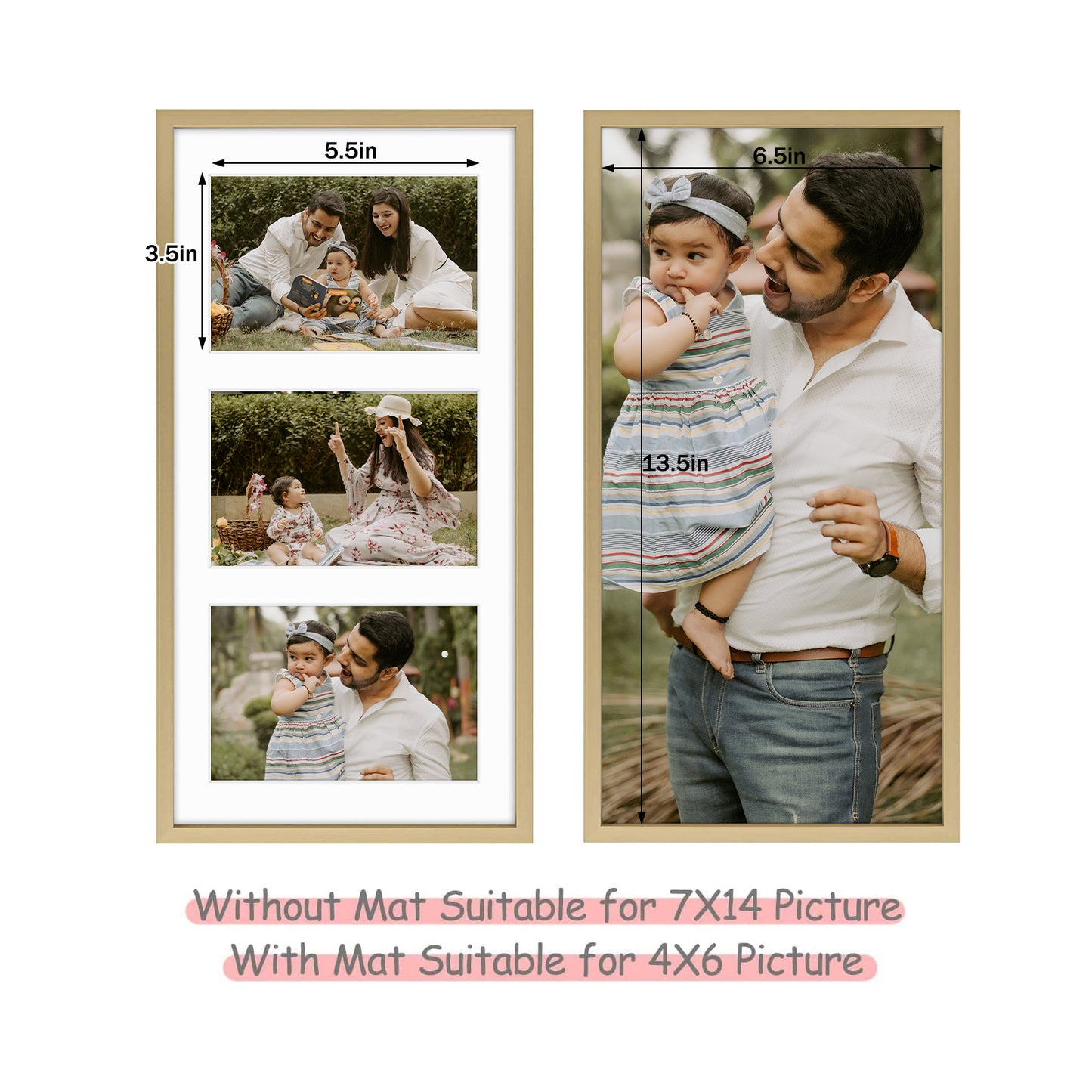 7x14 Gold Metal Picture Frame for Three 4x6 Photos with White Mat (12 Pack)