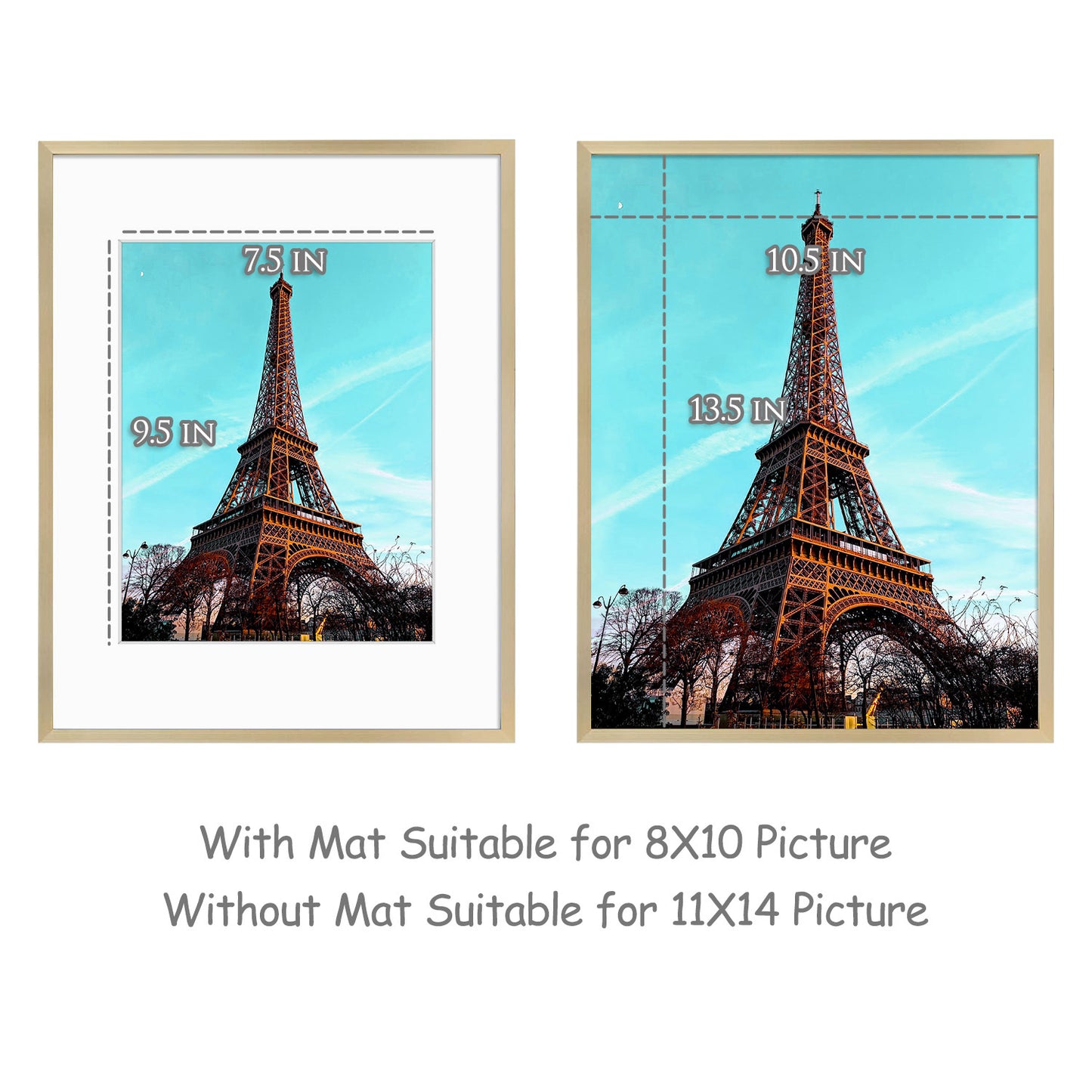 Frametory, 11x14 Gold Aluminum Frame with White Mat for 8x10 Pictures/Photos - Wall Mounting, Real Glass, Swivel Back Tabs, Sawtooth Hanger, Portrait/Landscape Display Metal Collection (6 Pack)