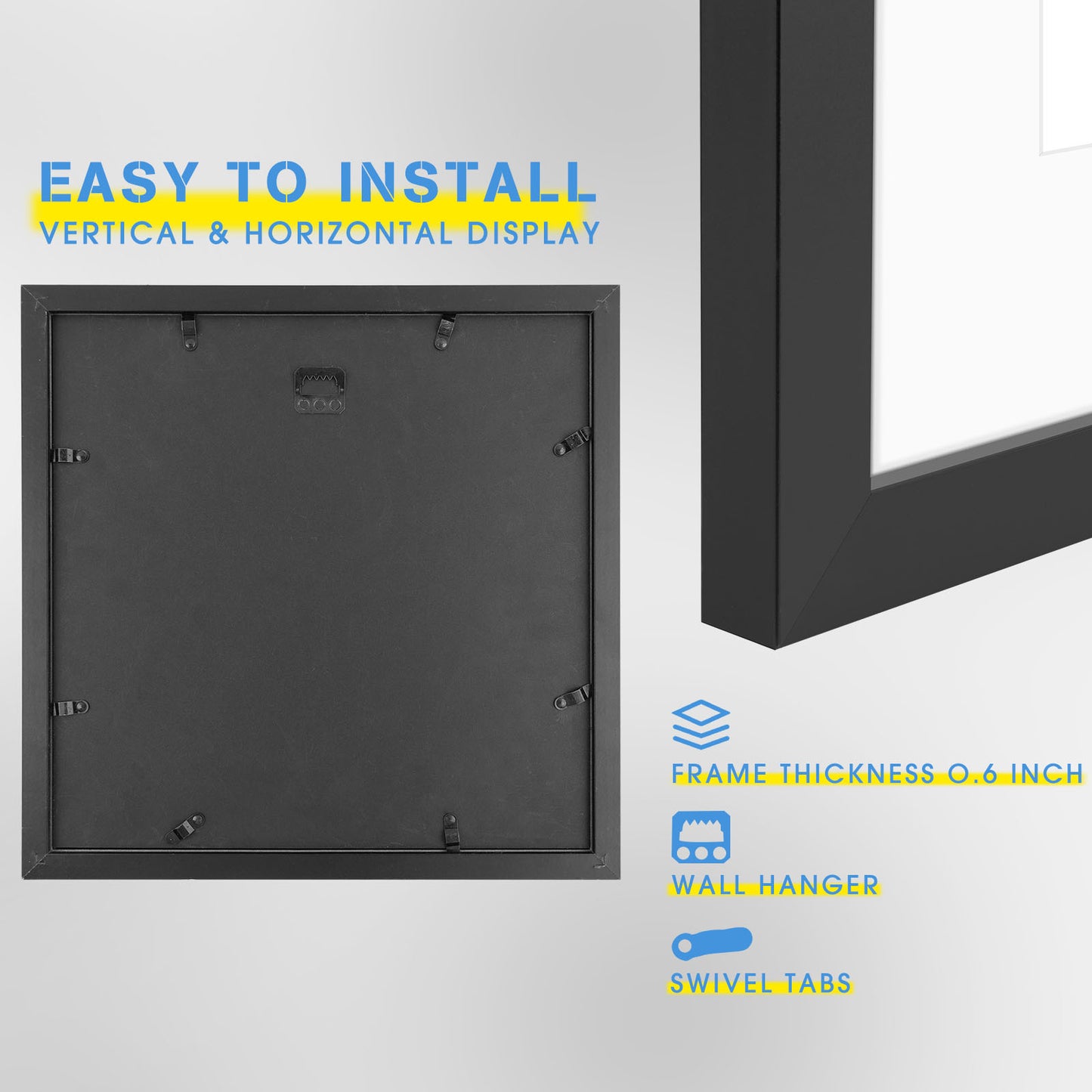 12x12 Black Picture Frame for 8x8 Photo with White Mat (9 Pack)