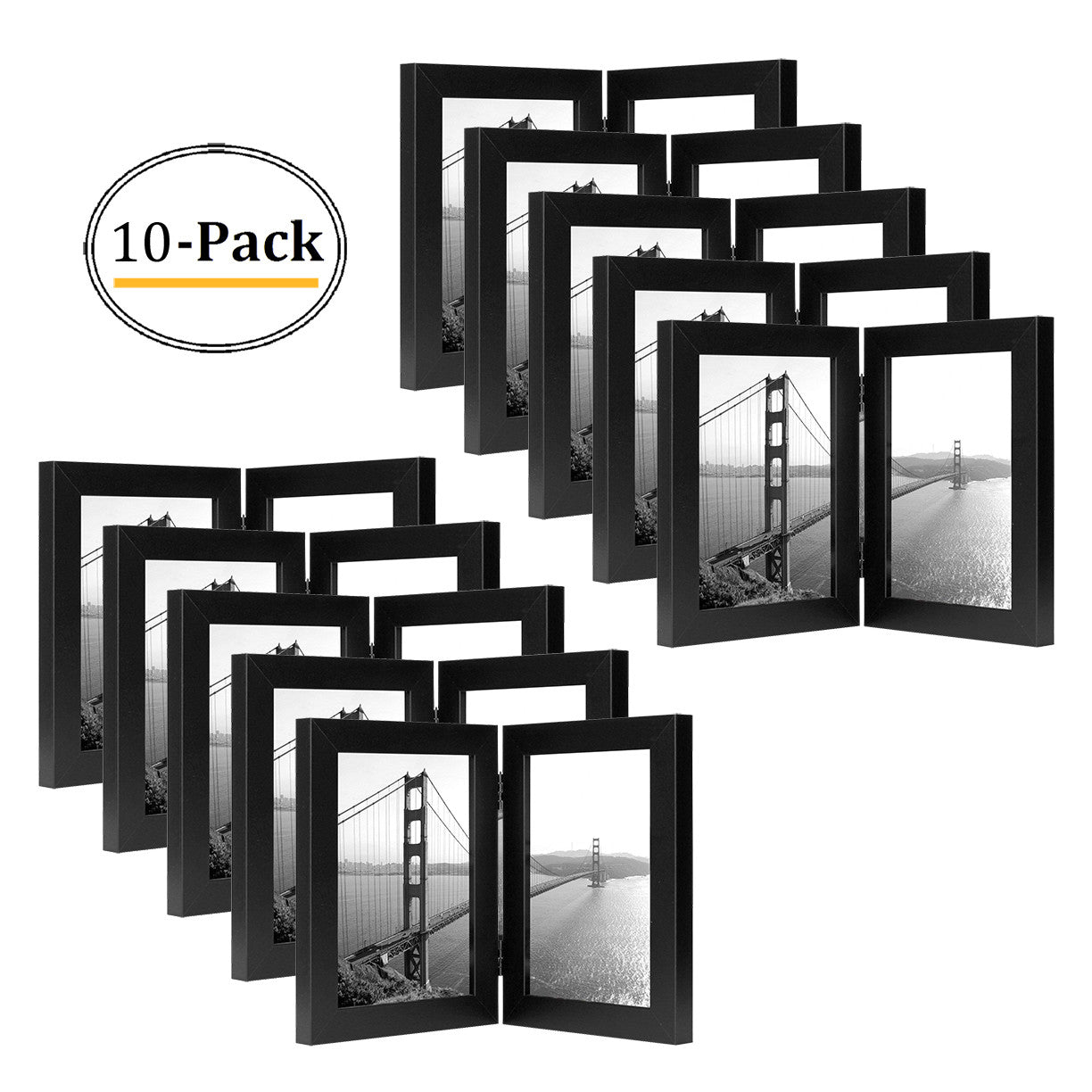 Frametory 5x7 Hinged Picture Frame Displays 2 Photos, Double Frame with Glass, Side by Side Stands Vertically on Tabletop (10 Pack)