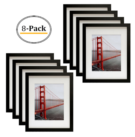Frametory, Clearance 11x14 Black Wood Picture Frame for 8x10 Photo with Ivory Mat (8 Pack)