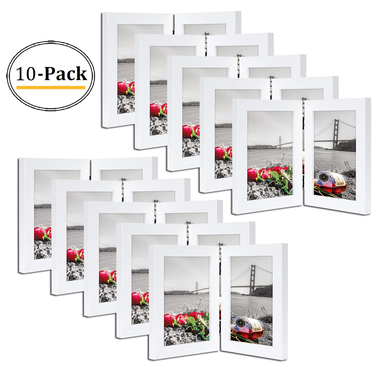 Frametory 5x7 Hinged Picture Frame Displays 2 Photos, Double Frame with Glass, Side by Side Stands Vertically on Tabletop (10 Pack)