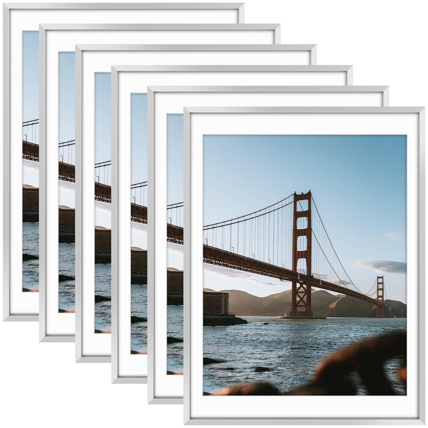Frametory, 12x16 Aluminum Photo Frame with White Color Mat for 11x14 Picture (6 Pack)