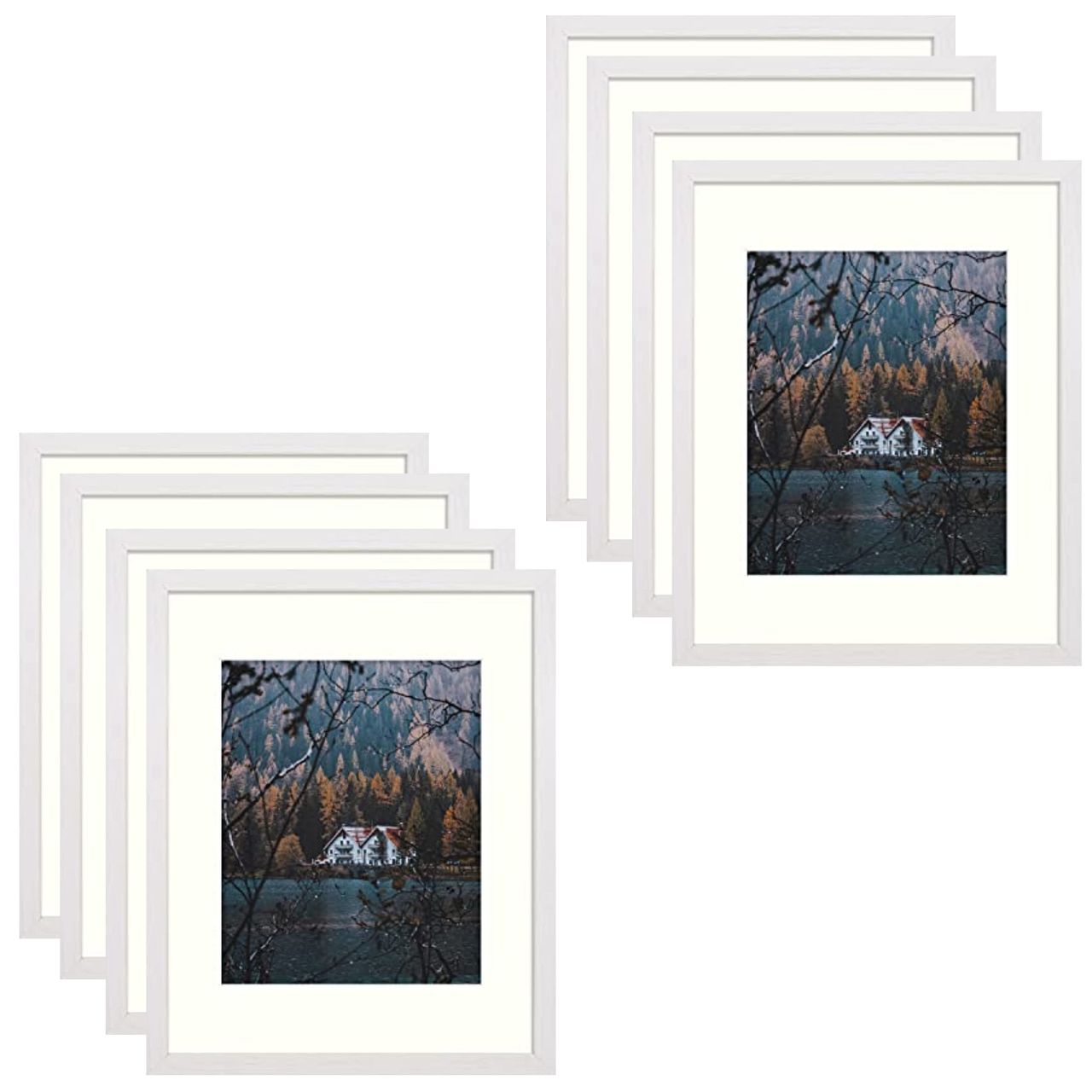 Frametory, 11x14 Frame for 8x10 Photo Smooth Wood Grain Finish Frame with Ivory Mat for Photo - Includes Sawtooth Hangers and Real Glass - Landscape/Portrait, Wall Display (8 Pack)