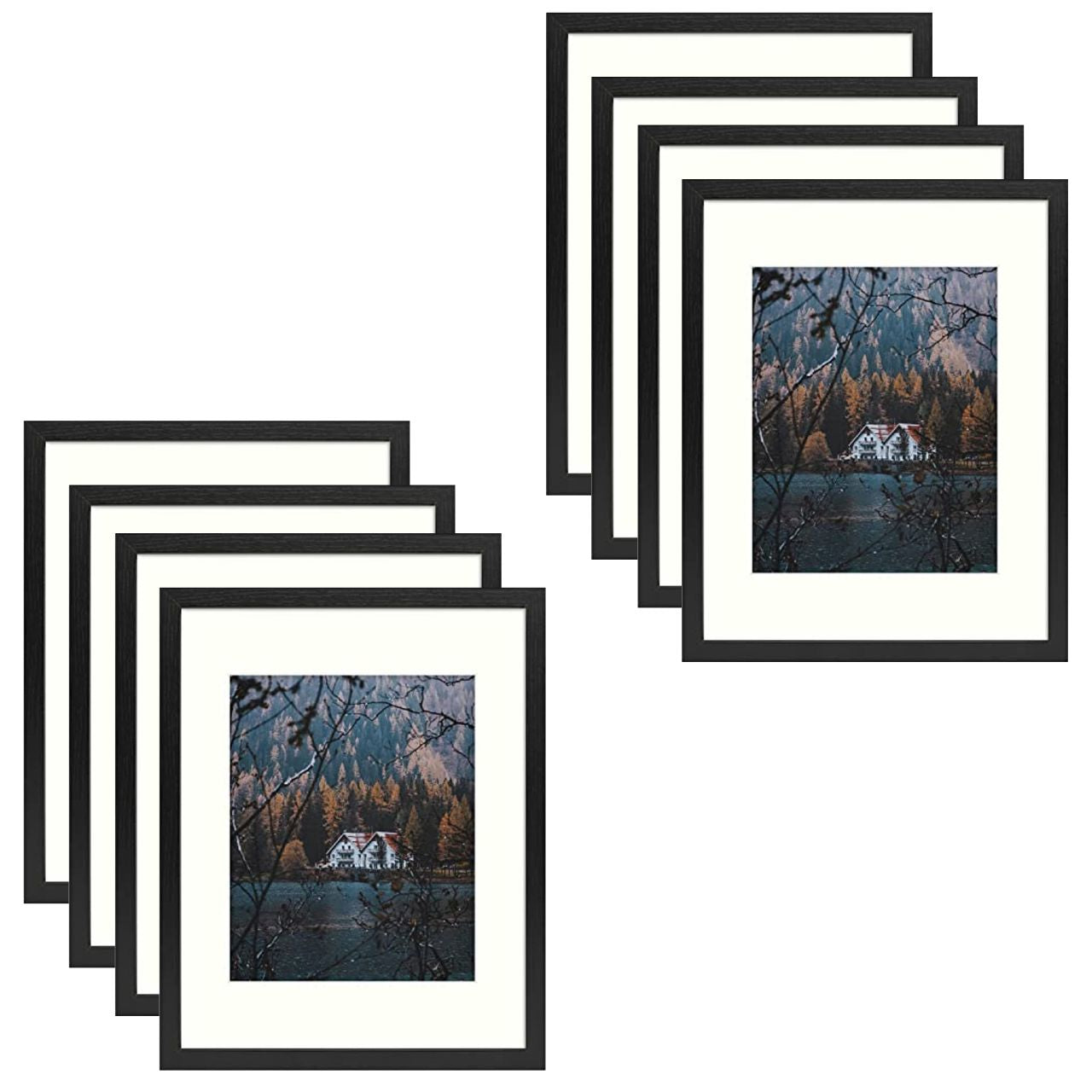 Frametory, Clearance 11x14 Frame for 8x10 Photo Smooth Wood Grain Finish Frame with Ivory Mat for Photo - Includes Sawtooth Hangers and Real Glass - Landscape/Portrait, Wall Display (8 Pack)