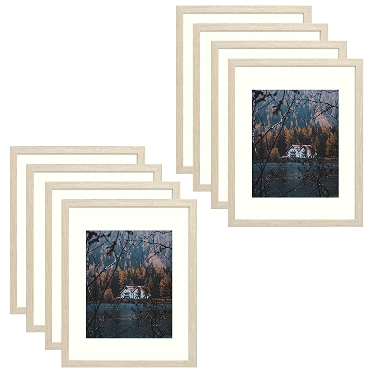 Frametory, 11x14 Frame for 8x10 Photo Smooth Wood Grain Finish Frame with Ivory Mat for Photo - Includes Sawtooth Hangers and Real Glass - Landscape/Portrait, Wall Display (8 Pack)
