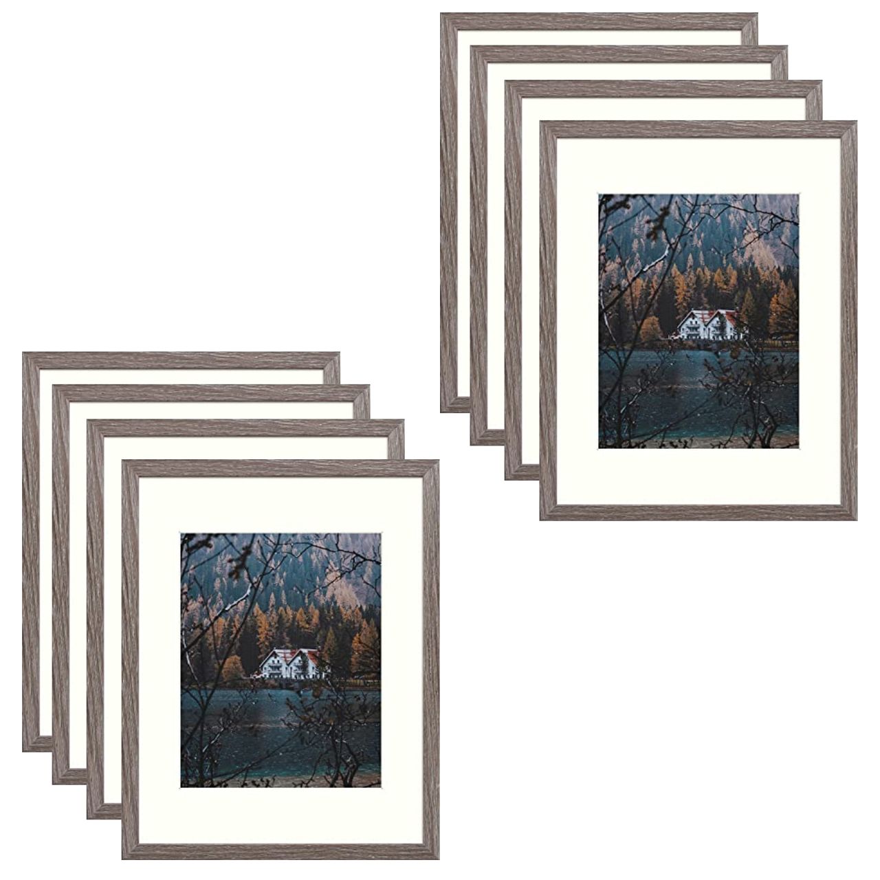 Frametory, Clearance 11x14 Frame for 8x10 Photo Smooth Wood Grain Finish Frame with Ivory Mat for Photo - Includes Sawtooth Hangers and Real Glass - Landscape/Portrait, Wall Display (8 Pack)