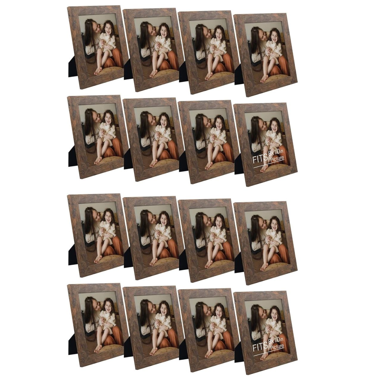 Frametory, 8x10 Photo Frame - Wood Grain Color, Wide Moulding Design - Wall Hanger, Back Turn Buttons, Easel Stand - Wall Display or Tabletop Display (16 Pack)