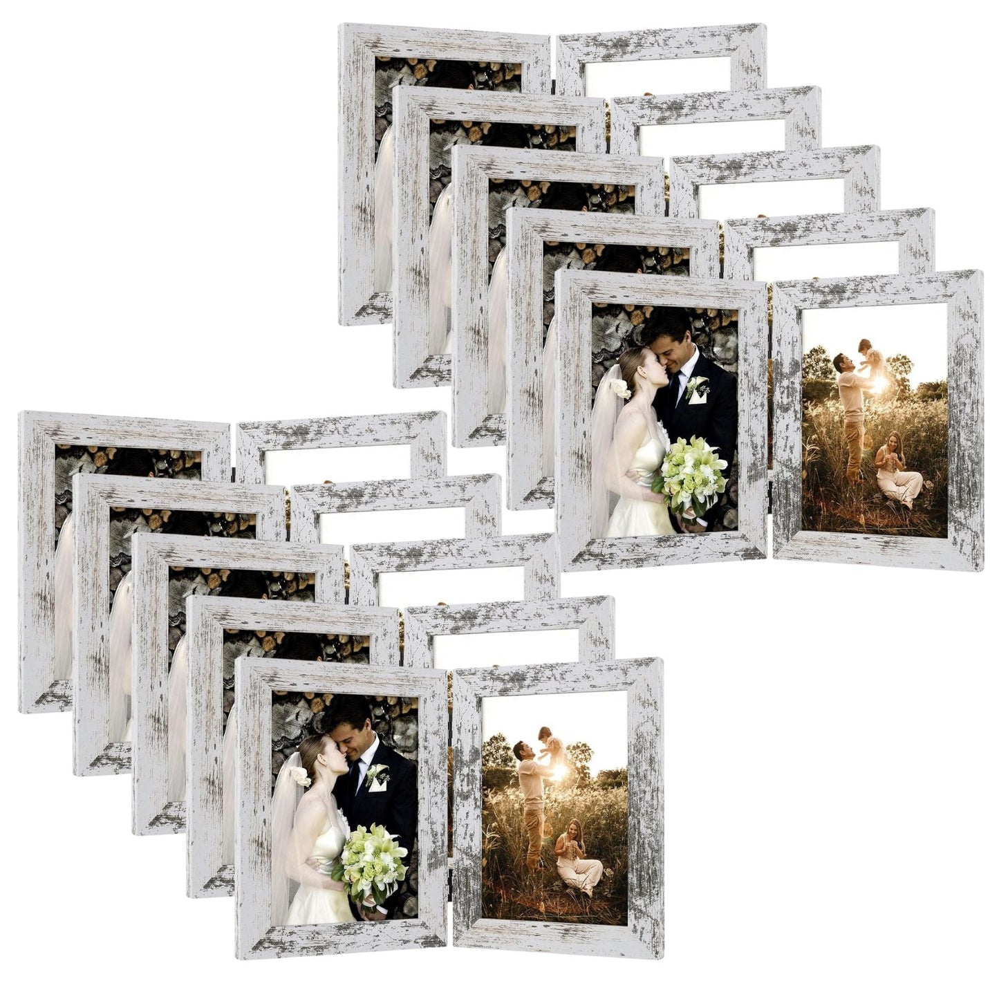 Frametory 5x7 Hinged Picture Frame Displays 2 Photos, Double Frame with Glass, Side by Side Stands Vertically on Tabletop (10 Pack)