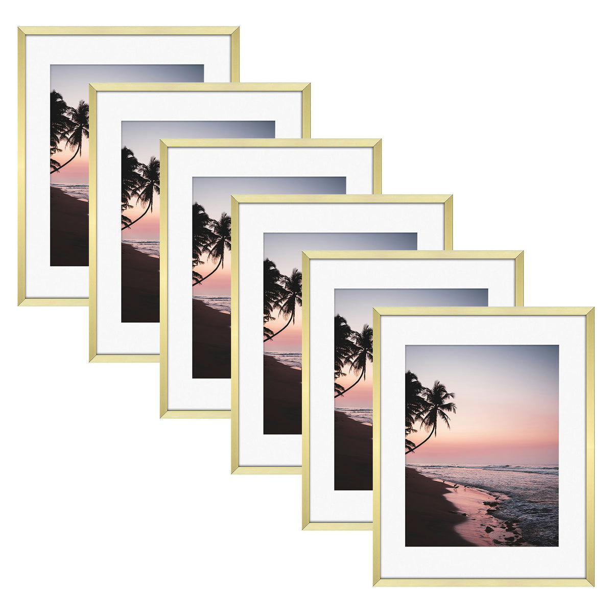 Frametory, 11x14 Gold Aluminum Frame with White Mat and Real Glass (6 Pack)