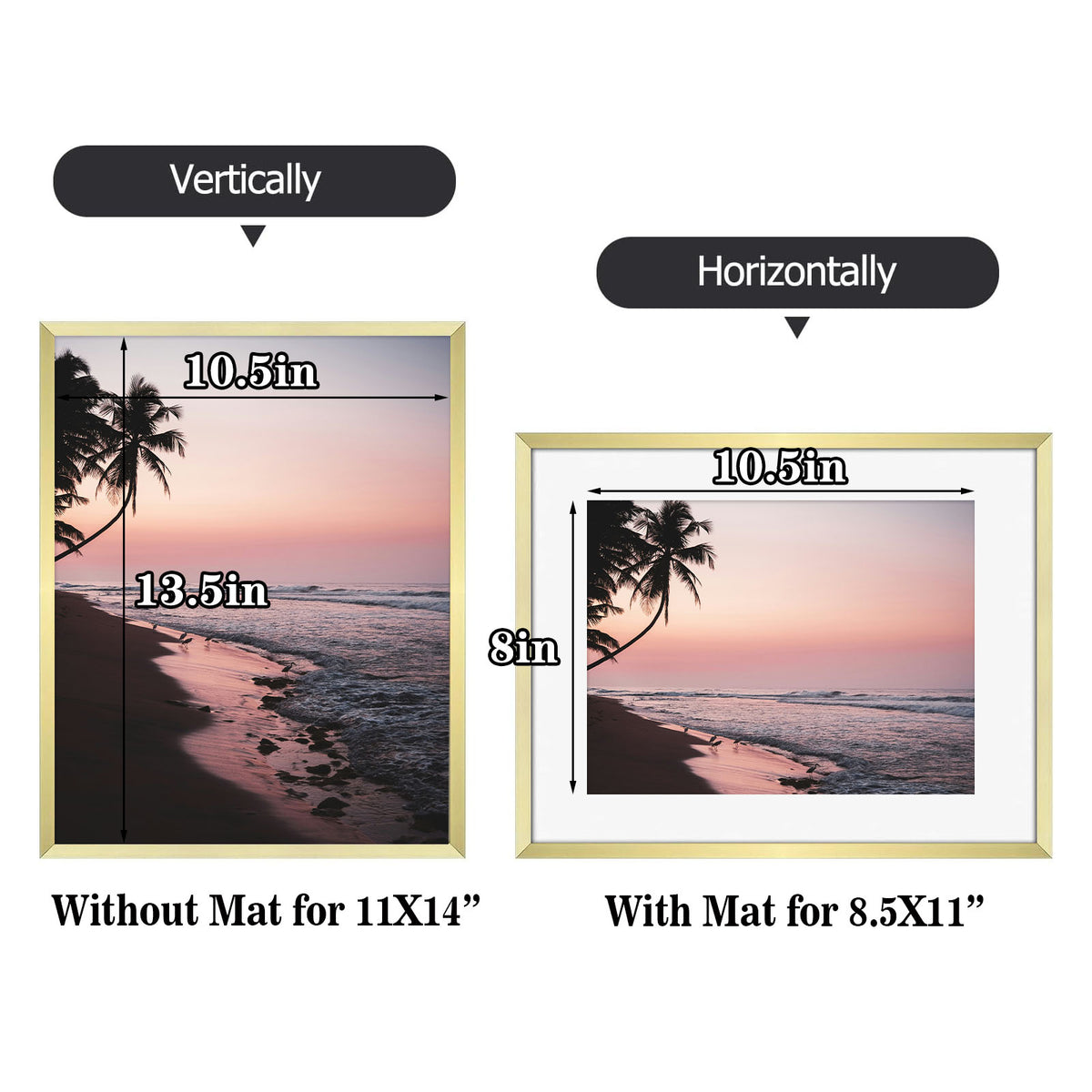 Frametory, 11x14 Gold Aluminum Frame with White Mat and Real Glass (6 Pack)