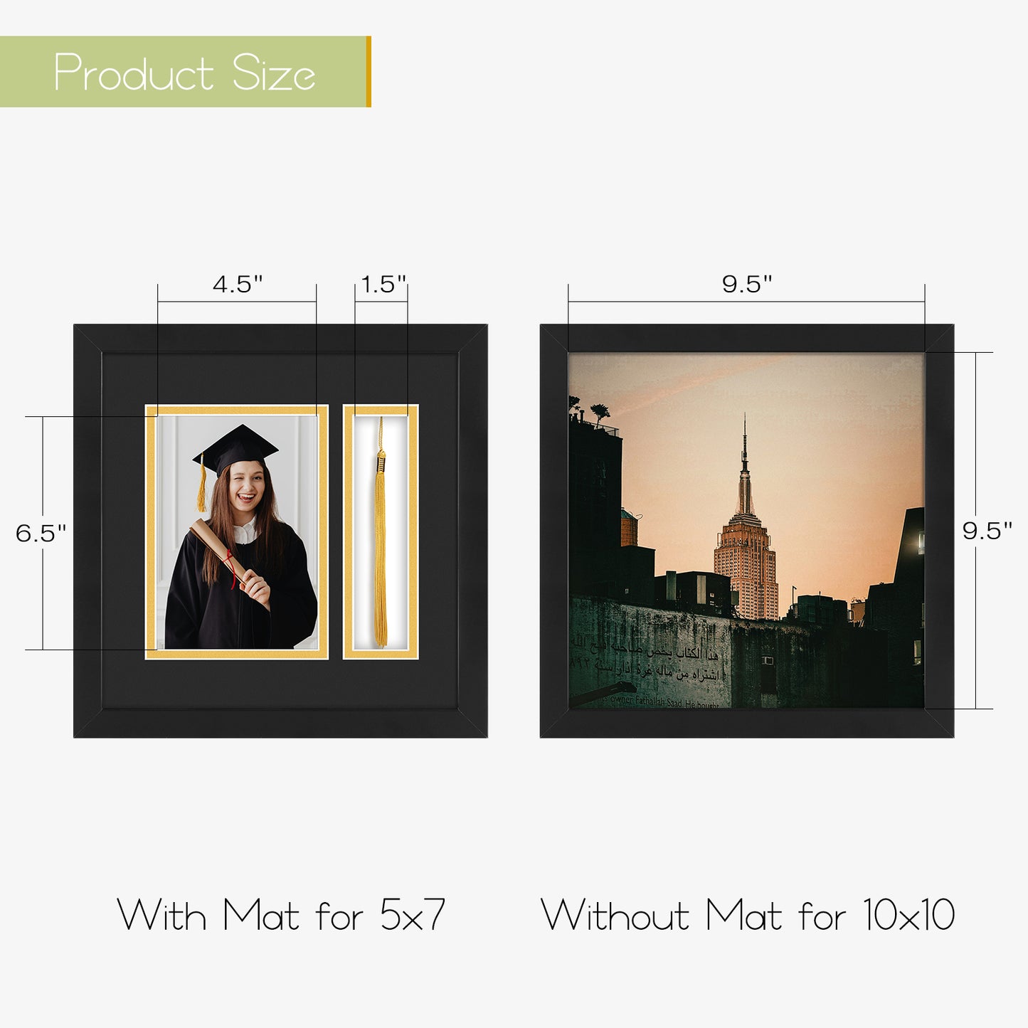 10x10 Diploma Frames for 5x7 Photo And Tassel Holder with Black Over Gold Double Mat and Tempered Glass (6 Pack)