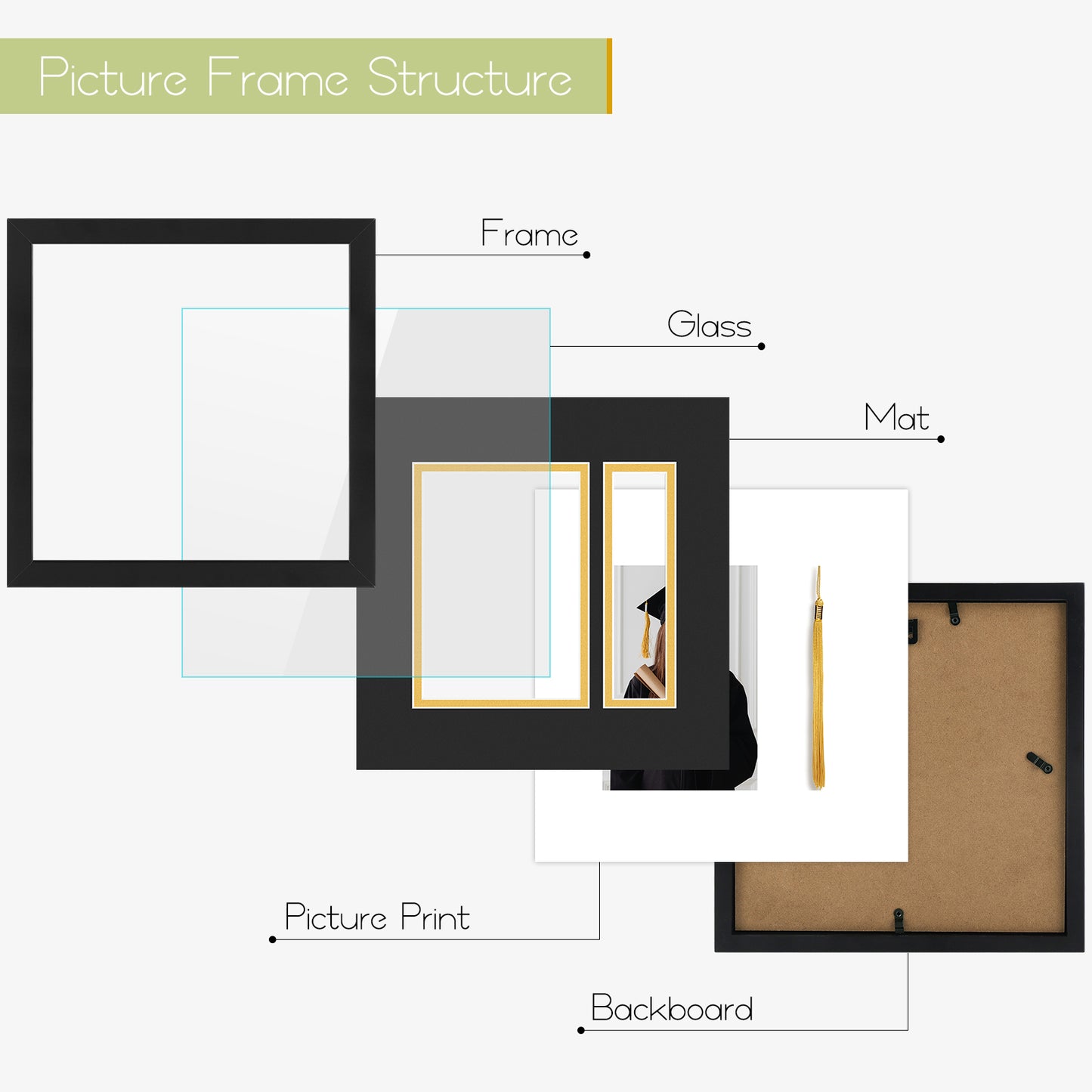10x10 Diploma Frames for 5x7 Photo And Tassel Holder with Black Over Gold Double Mat and Tempered Glass (6 Pack)