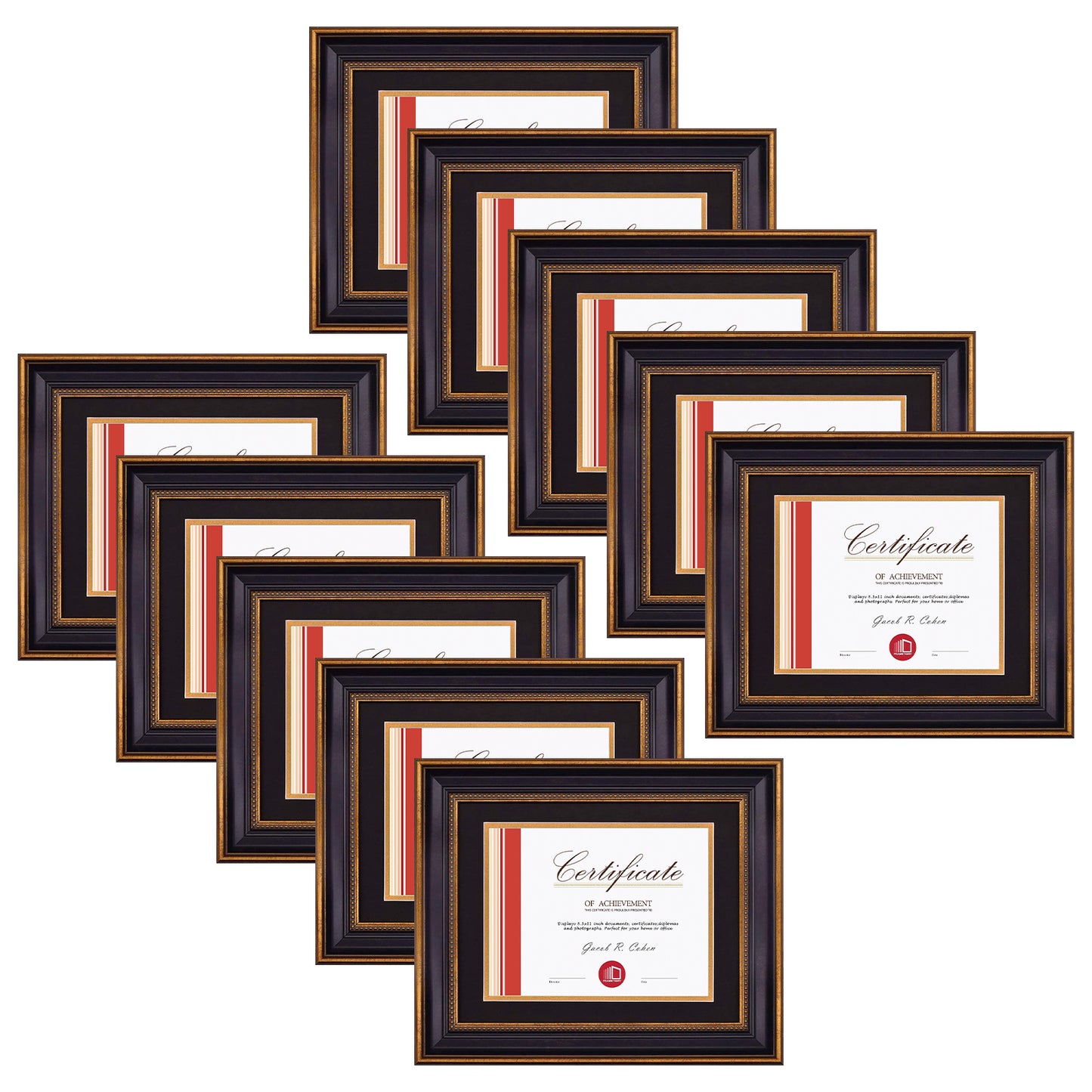 11x14 Diploma Frame with Black Over Gold Double Mat for 8.5x11 Certificate (10 Pack)