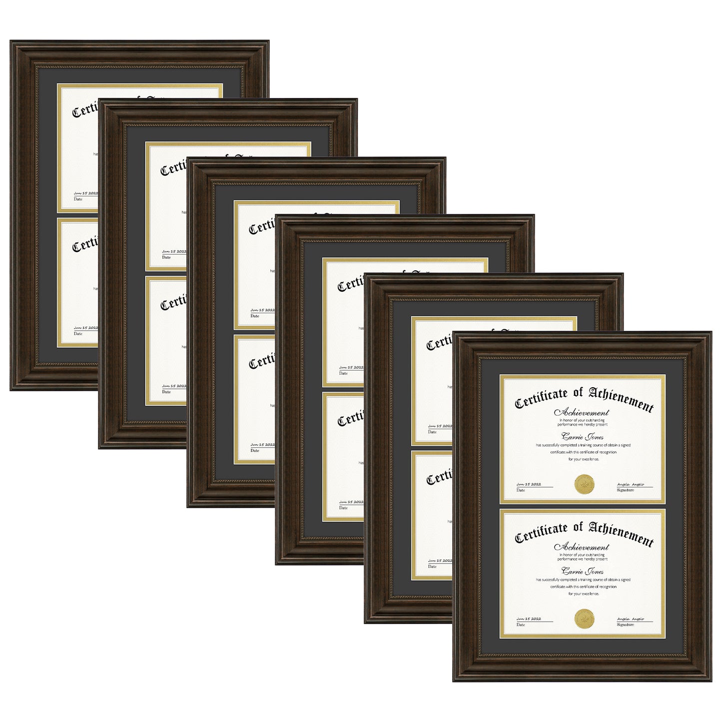 14x20 Diploma Frame with Black Over Gold Double Mat Displays Two 8.5x11 Certificates Brown Color (6 Pack)